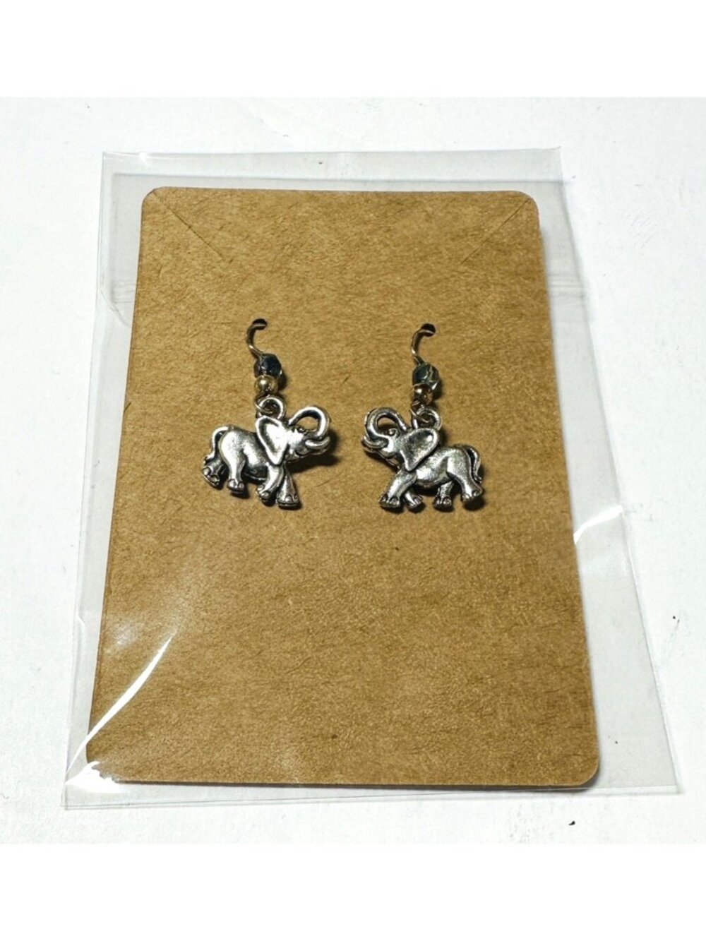 Elephant Earrings Silver Tone Metal Blue Beads Trunks Up Good Luck Fishhook VTG
